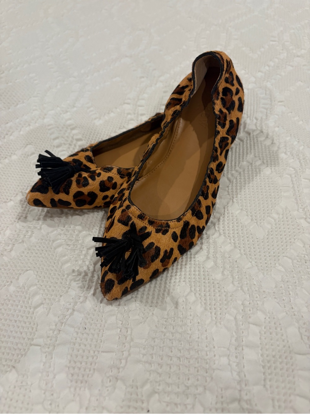 J. Crew Leopard Print Calf Hair Tassel Pointed Toe Ballet Flats